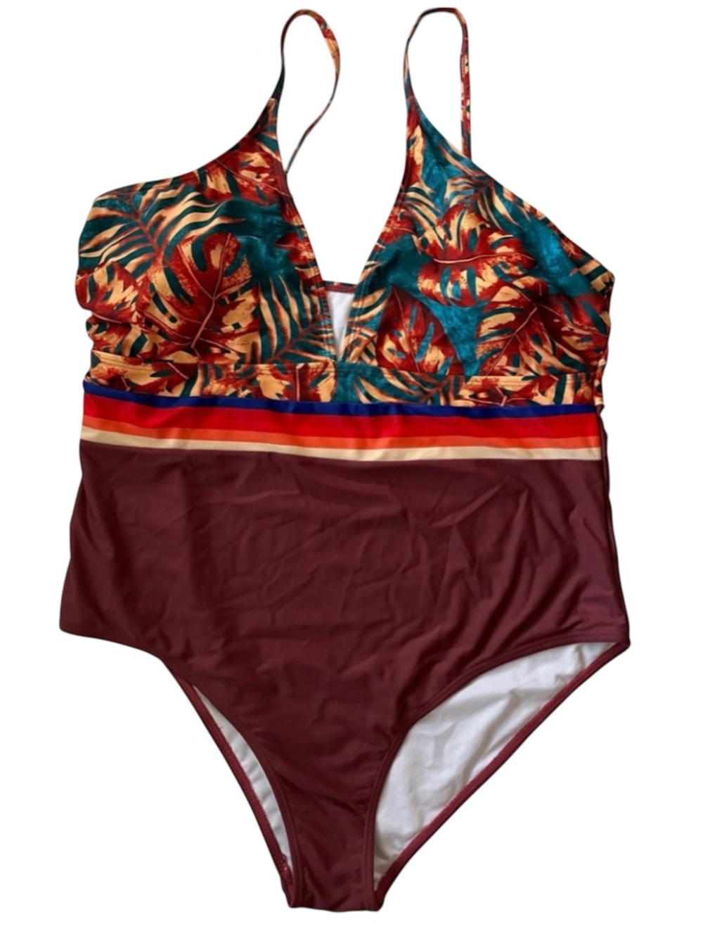 SHEIN 3X Tropical Leaf Colorblock One Piece Swimsuit Plunge V-Neck High Waist
